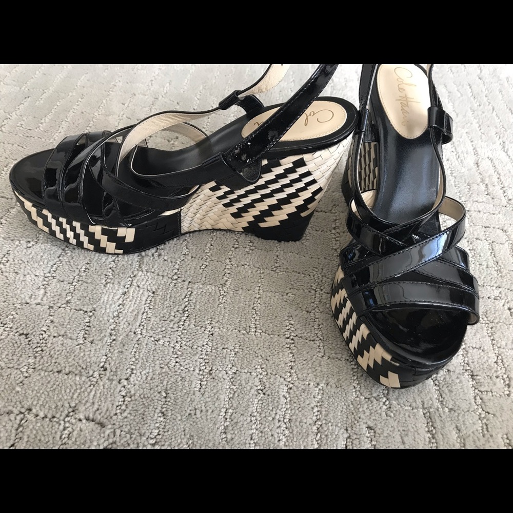 Cole Haan Wedge Sandals Black Patent Leather 9